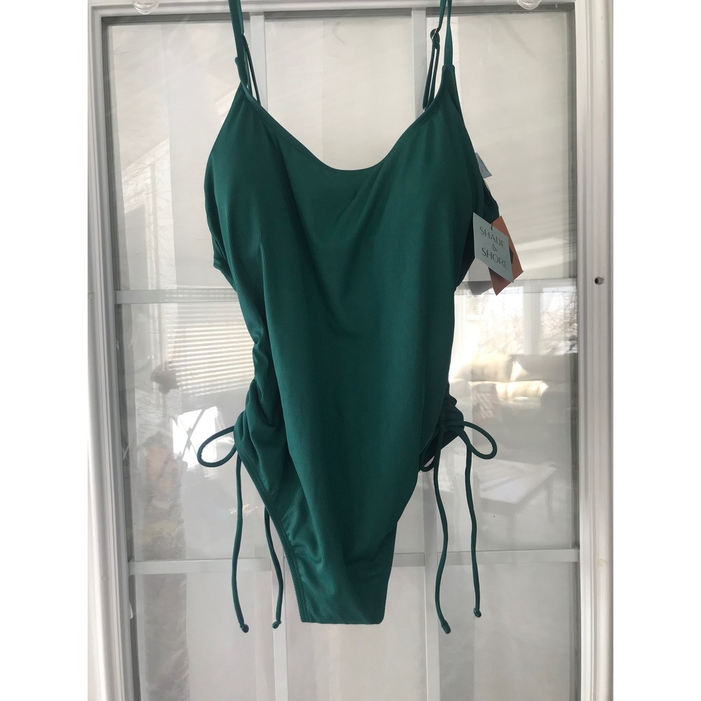 Shade & Shore 1 Piece Swimsuit Teal Ribbed Ruched Adjustable Tie Side Women XL